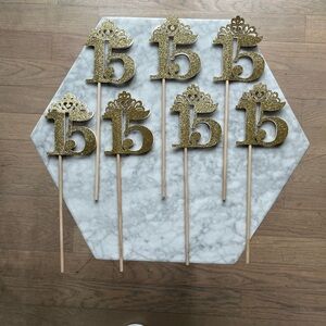 Sweet 15 / Quinceañera Decor - 7 Gold Picks - Used